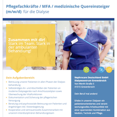 Pflegefachkräfte / MFA / medizinische Quereinsteiger (m/w/d) für die Dialyse