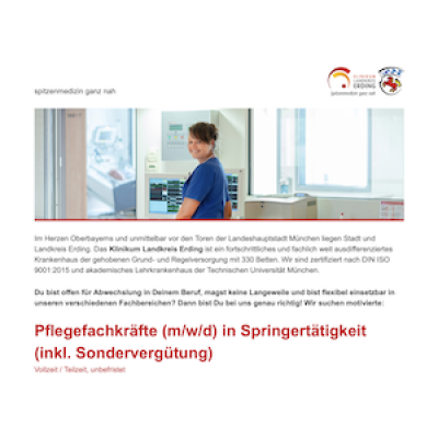 Pflegefachkräfte (m/w/d) in Springertätigkeit (inkl. Sondervergütung)