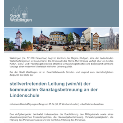 Stellvertretende Leitung (w/m/d) der kommunalen Ganztagsbetreuung an der Lindenschule