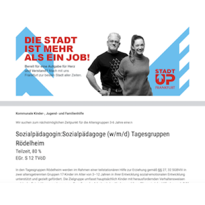 Sozialpädagogin:Sozialpädagoge (w/m/d) Tagesgruppen Rödelheim