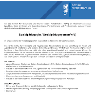 Sozialpädagogin / Sozialpädagoge (m/w/d) in Teilzeit mit 33 Wochenstunden