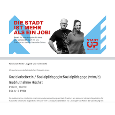 Sozialarbeiter:in / Sozialpädagogin:Sozialpädagoge (w/m/d) Inobhutnahme Höchst