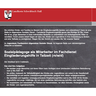 Sozialpädagoge als Mitarbeiter im Fachdienst Eingliederungshilfe in Teilzeit (m/w/d)